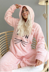 trendyol Pijamaevi Somon Meow Desenli Tam Pelu Pijama Takm