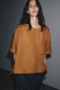 zara TOP LINO MANGA CORTA ZW COLLECTION OCRE